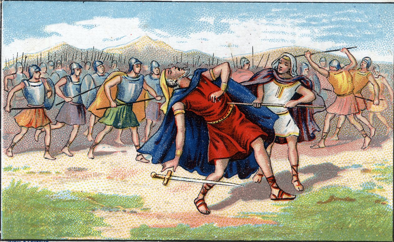 Tod von Judas Makkabäus (Makkabäer oder Makabäus) oder Yeouda Hamakabi, jüdischer Krieger (200-160 v. Chr.). Chromolithographie des 19. Jahrhunderts von Unknown artist