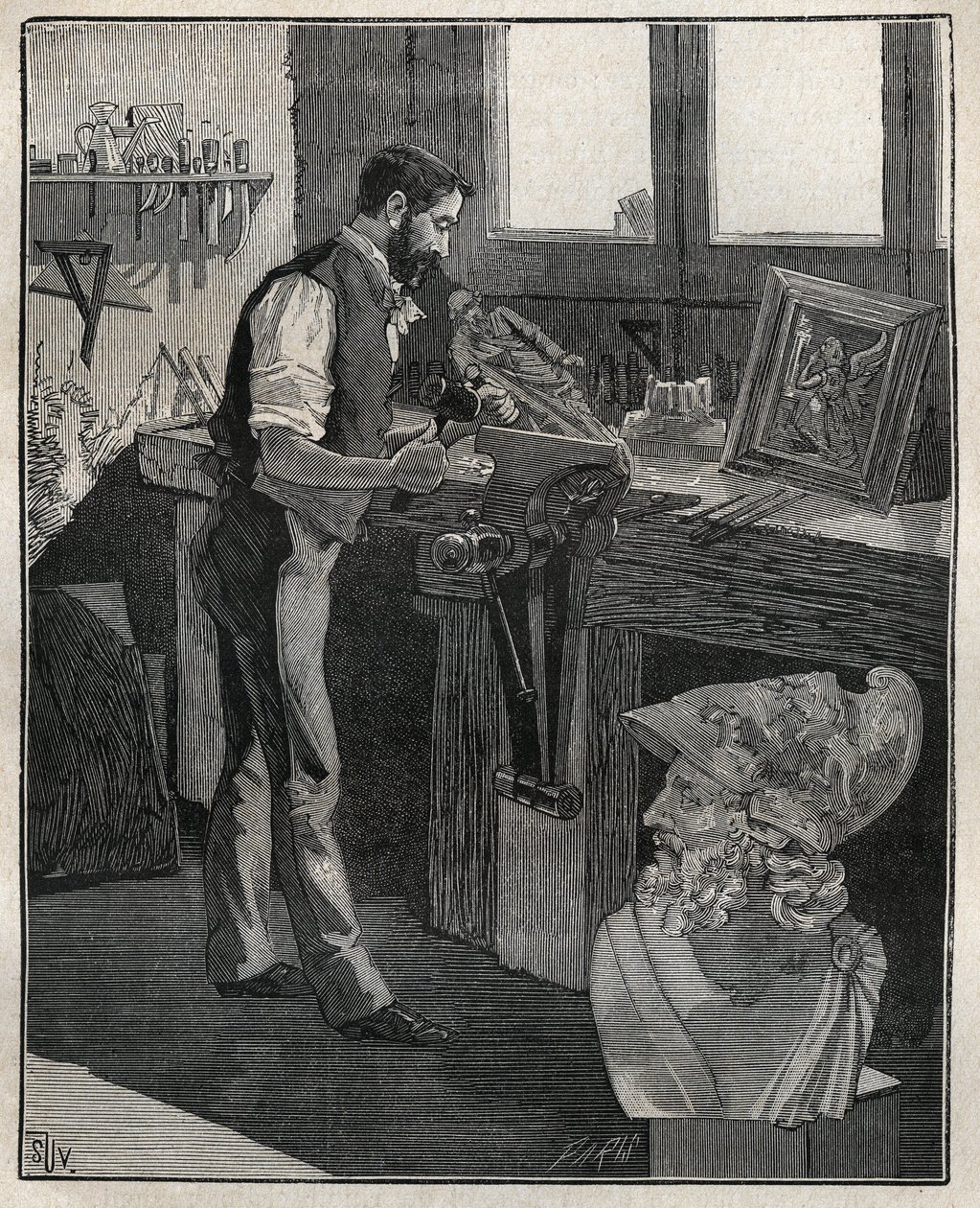 Dekoration von Silberwaren: Bronzemeißler. Gravur von 1885 in „Les arts et métiers illustrés“ von Adolphe Bitard. von Unknown artist