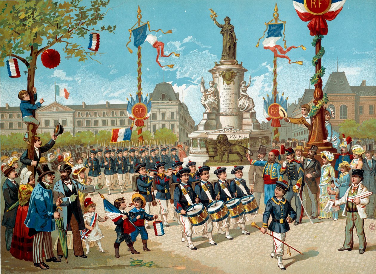 Parade der Kinder der Schulbataillone auf dem Place de la République am 14/07/1883 in Paris. Lithographie des 19. Jahrhunderts Paris, Musée Carnavalet von Unknown artist