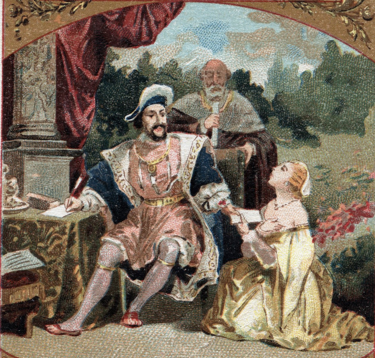 Diane de Poitiers (1499-1566) Dame von Brézé, im Schloss von Anet (Eure-et-Loir) bittet Franz I. (1494-1547) um Gnade für ihren Vater. Chromolithographie aus dem späten 19. Jahrhundert von Unknown artist
