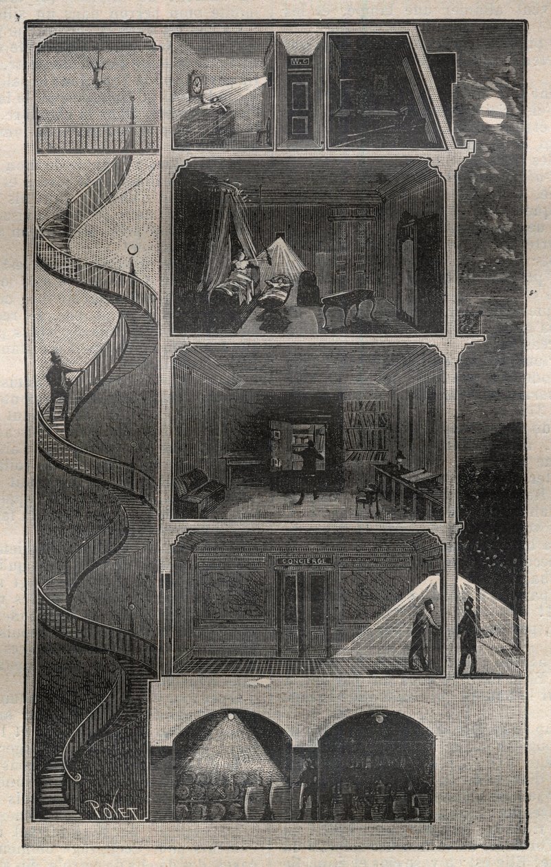 Haushaltselektrizität: Querschnitt eines mit Elektrizität ausgestatteten Gebäudes - Gravur in „La Science française“ von Unknown artist