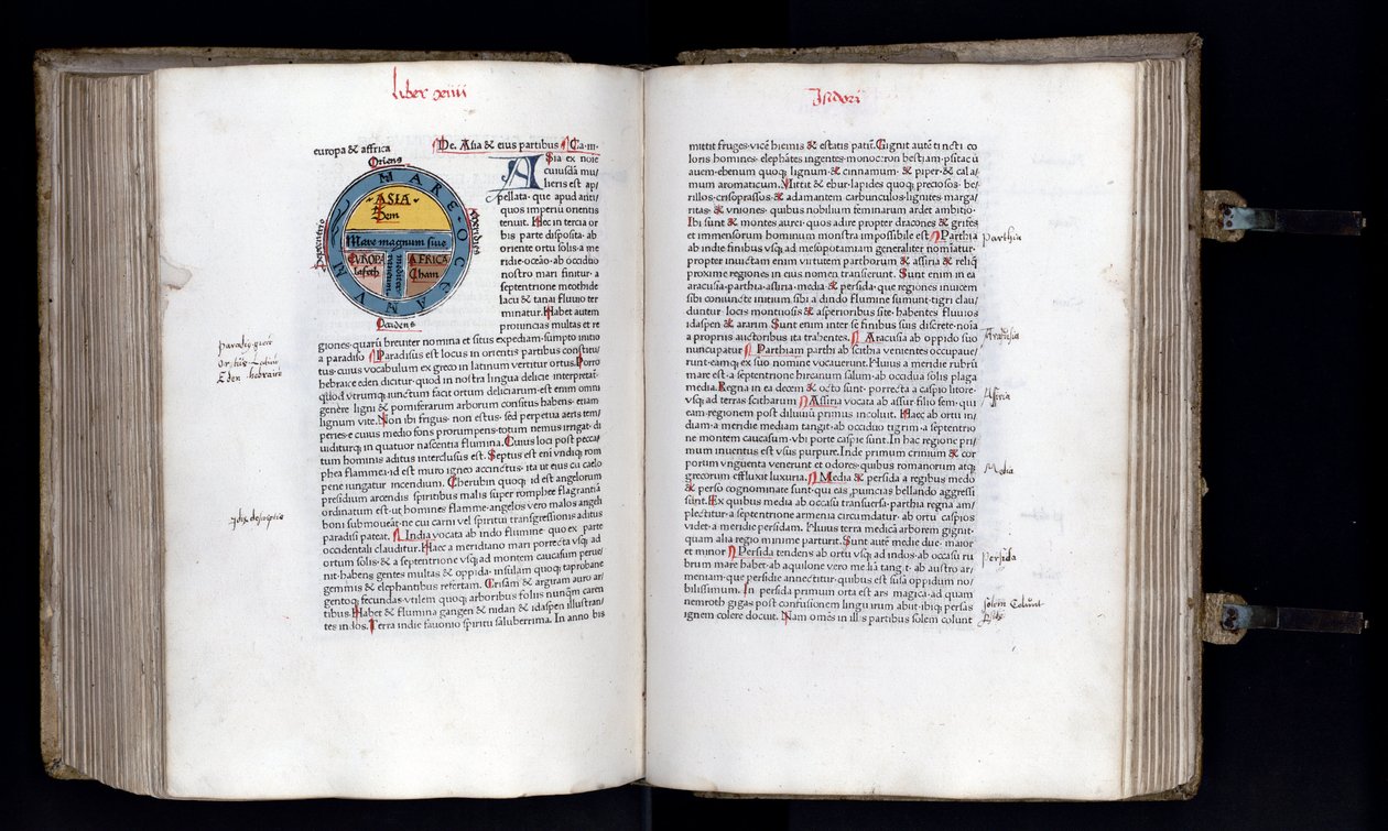 Doppelseite mit der schematischen Weltkarte im T-O-Modell, drei Kontinente sind dargestellt (Asien, Afrika und Europa). Manuskript „Ethymologies“ (Etymologiae) von Isidorus (Isidor von Sevilla) (560/570-636) 12. Jahrhundert. 1472 von Unknown artist