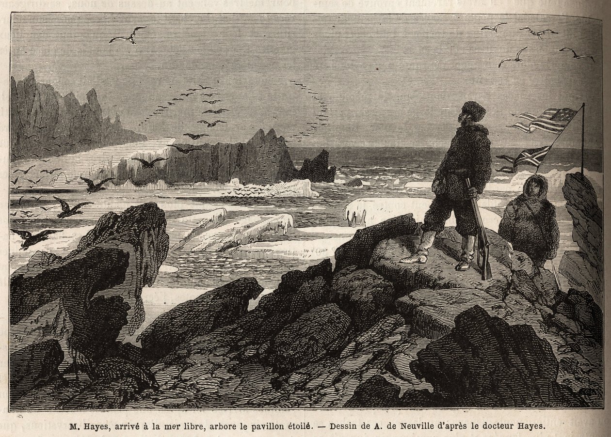 Dr. Hayes, erreicht das freie Meer des Arktischen Pols, das Ziel seiner Expedition, pflanzt die amerikanische Sternenbanner. Gravur zur Illustration der Reise zum freien Meer des Arktischen Pols, von Dr. Hayes, Chirurg der United States Navy, 1860-1862 von Unknown artist