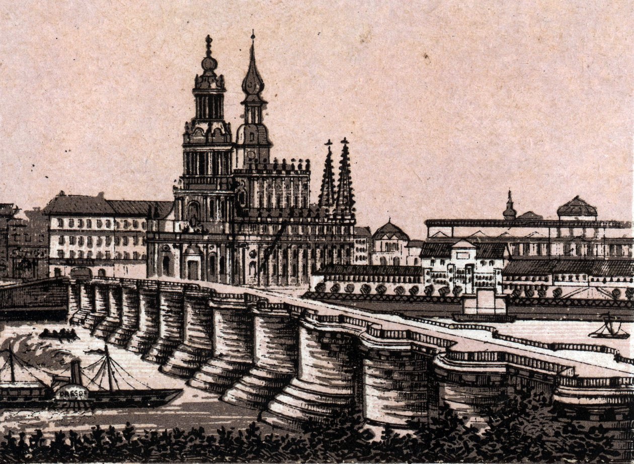Dresden, Deutschland: Blick auf die Augustusbrücke in „Die Welt illustriert 168 Ansichten“ (Ende des 19. Jahrhunderts) von Unknown artist