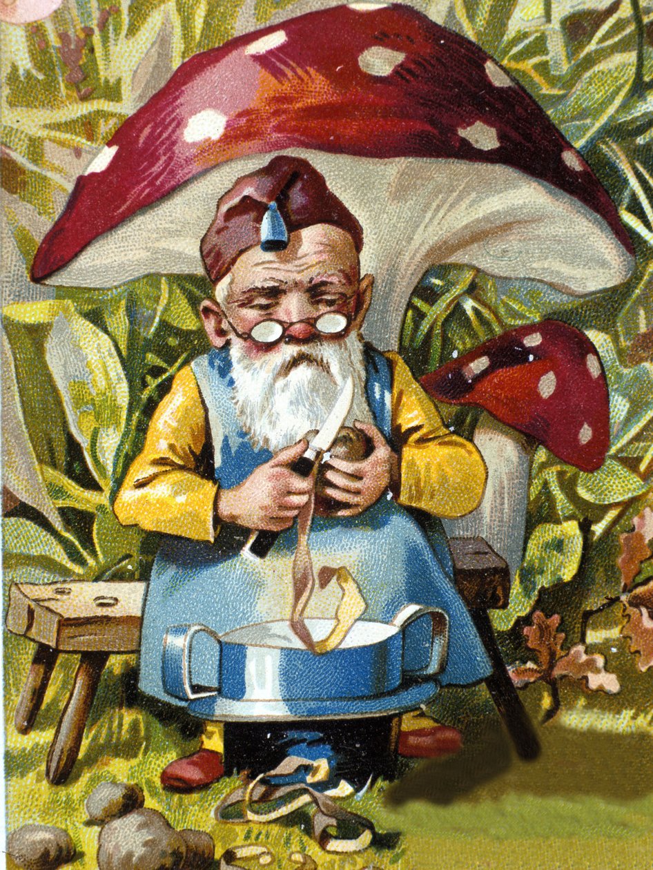 Zwerg oder Kobold schält Kartoffeln. Chromolithographie aus dem 19. Jahrhundert von Unknown artist