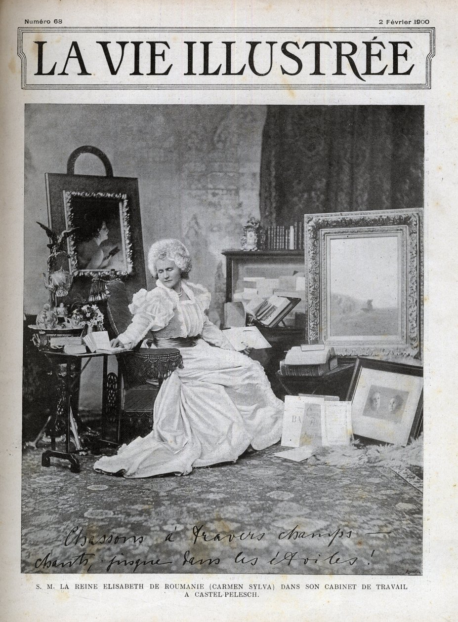Elisabeth von Wied Königin von Rumänien 1843-1916 - Elisabeth de Wied - Elisabeth Pauline Ottilie Louise de Wied (bekannt unter dem Pseudonym Carmen Sylva), in ihrem Büro im Schloss Pelesch - Titelbild der illustrierten Zeitschrift von 1900 von Unknown artist