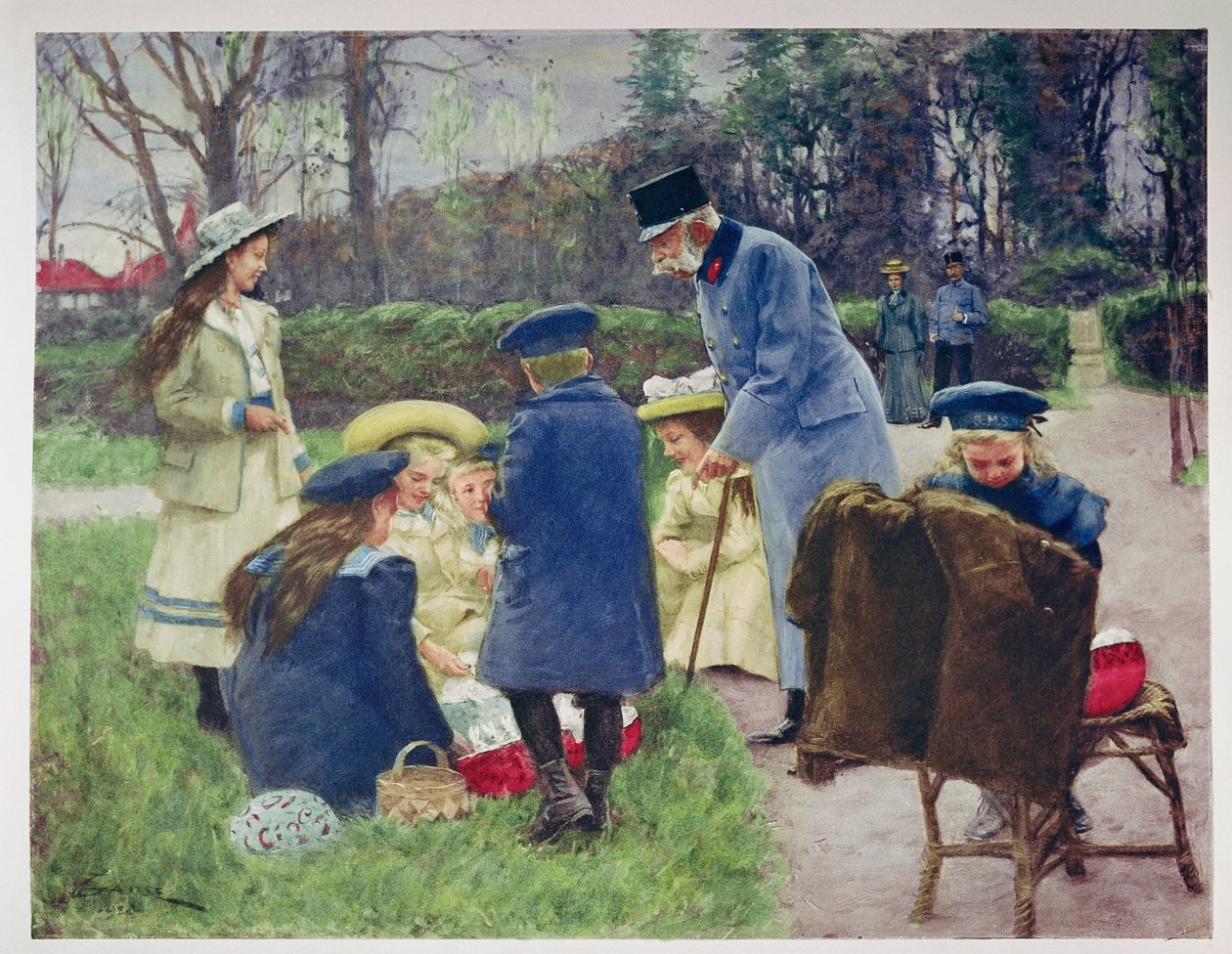 Kaiser Franz Joseph beobachtet seine Enkelin im Park seiner Villa in Ischl, Oberösterreich von Unknown artist