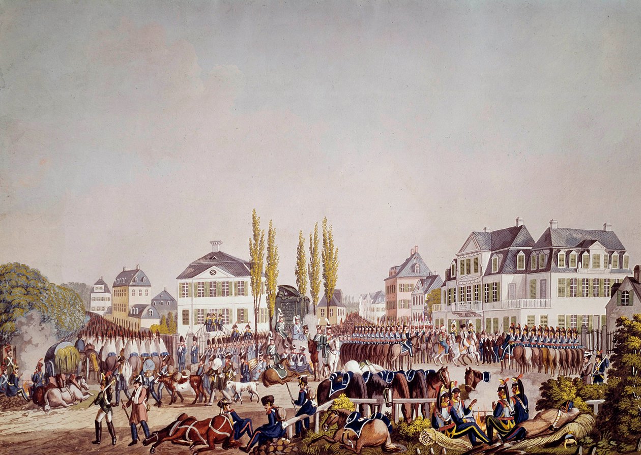 Kaiser Napoleon I. (1769-1821) inspiziert die Truppen in Frankfurt. Gravur von 1813 von Unknown artist