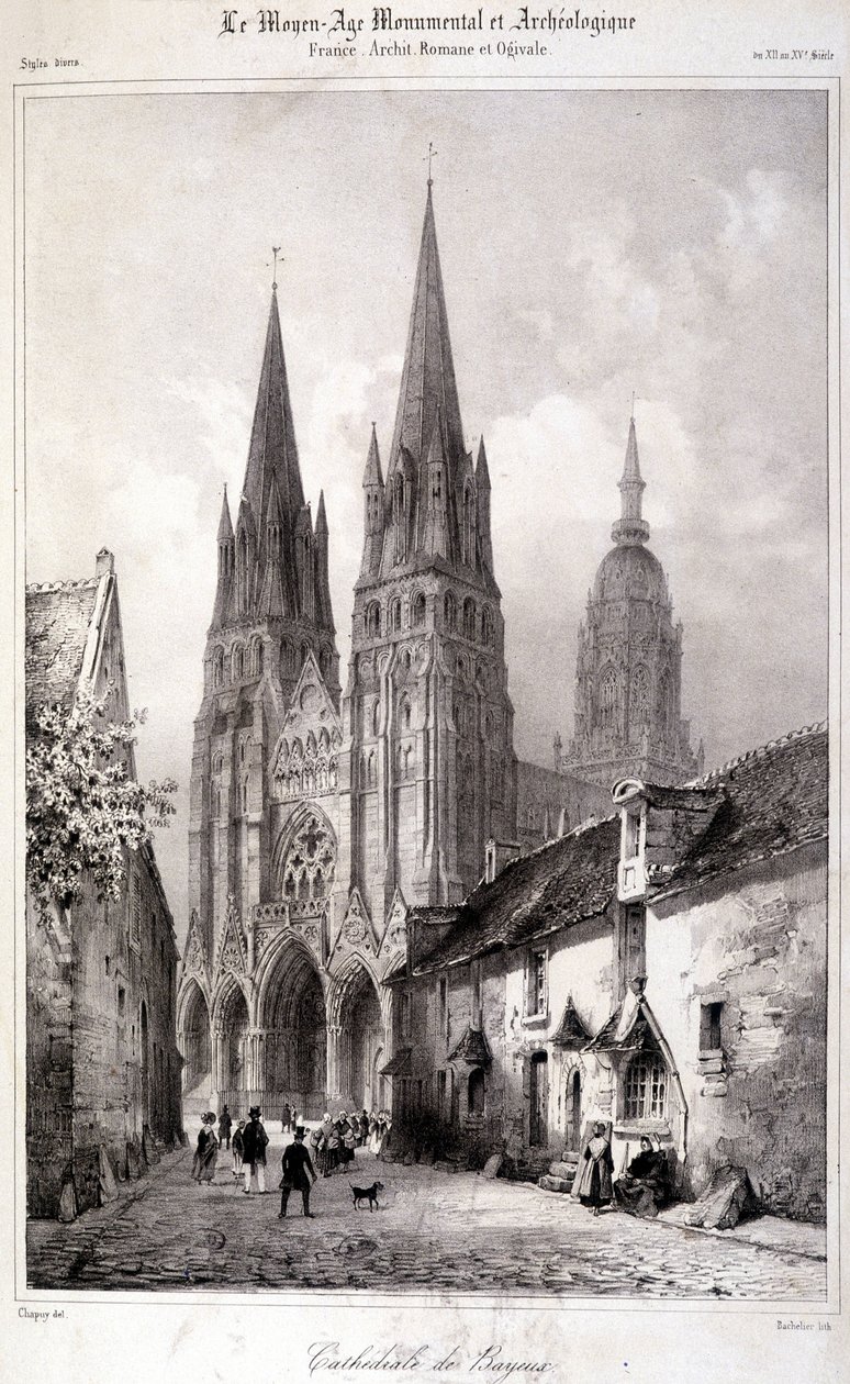 Gravur der Kathedrale von Bayeux veröffentlicht in „Das Monumentale und Archäologische Mittelalter“. 19. Jahrhundert von Unknown artist
