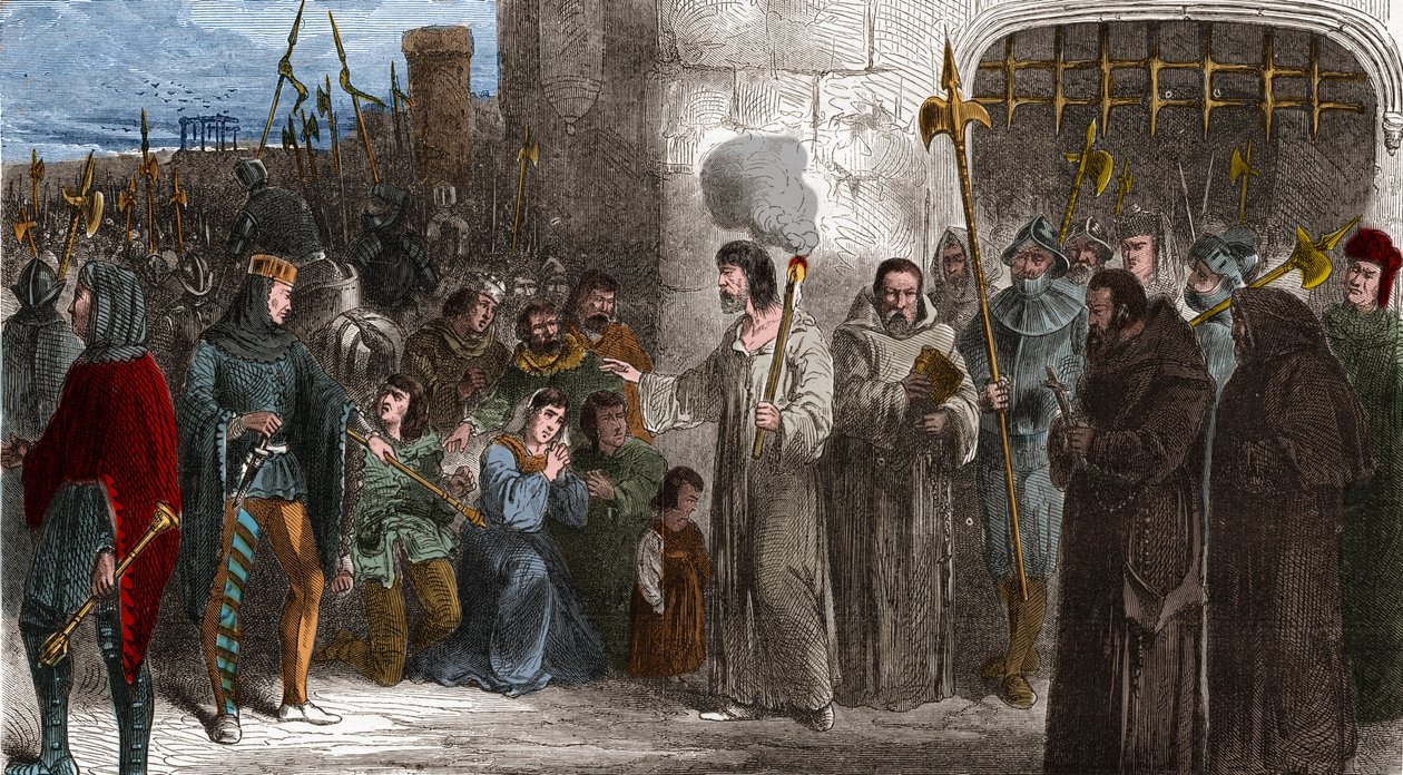 Enguerrand de Marigny (1260-1315), Kämmerer und Minister von König Philipp IV. der Schöne, auf dem Weg zur Folter im Jahr 1315. Stich in „Histoire De France En Cent Tableaux“ von Paul Lehugeur 1891 - Enguerrand de Marigny (1260-1315), Kämmerer und Minister von Unknown artist