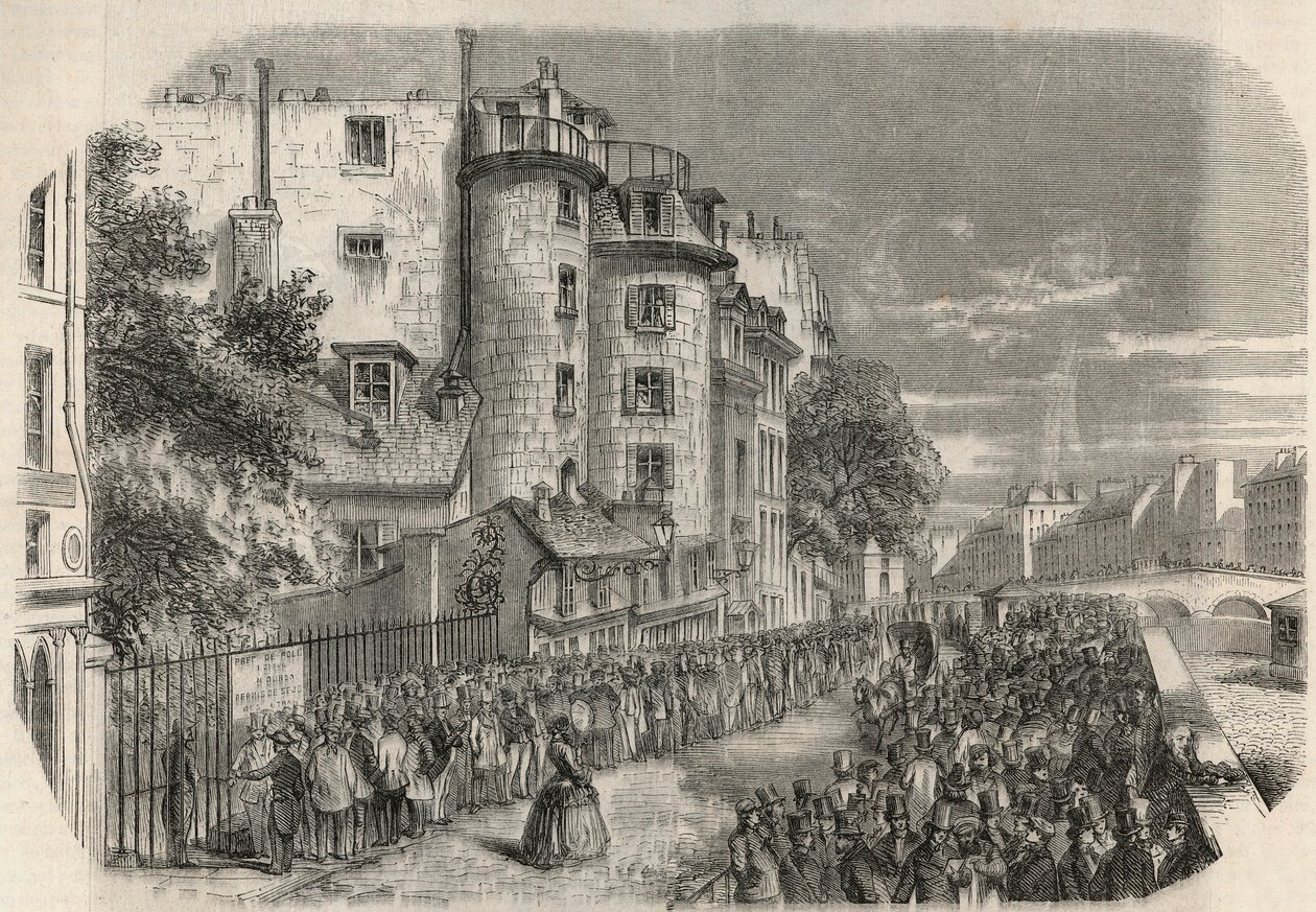 Eingang der Polizeipräfektur durch die Rue de Jerusalem an der Ecke des Quai des Orfevres in Paris im 19. Jahrhundert vor 1871 - Gravur in 