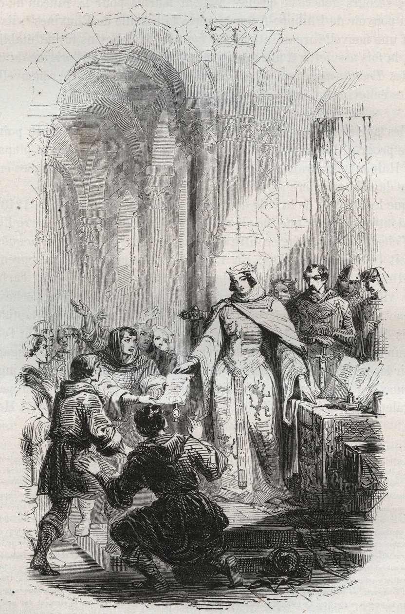 Ermesinde, Gräfin von Luxemburg - Charta der Postgebühren, gewährt von Ermesinde I. von Luxemburg an die Einwohner von Luxemburg im Jahr 1243 - Gravur von 1868 in „Geschichte Belgiens von den Urzeiten bis zum Ende von Leopold I.“ von Theodore Juste (1818-1 von Unknown artist