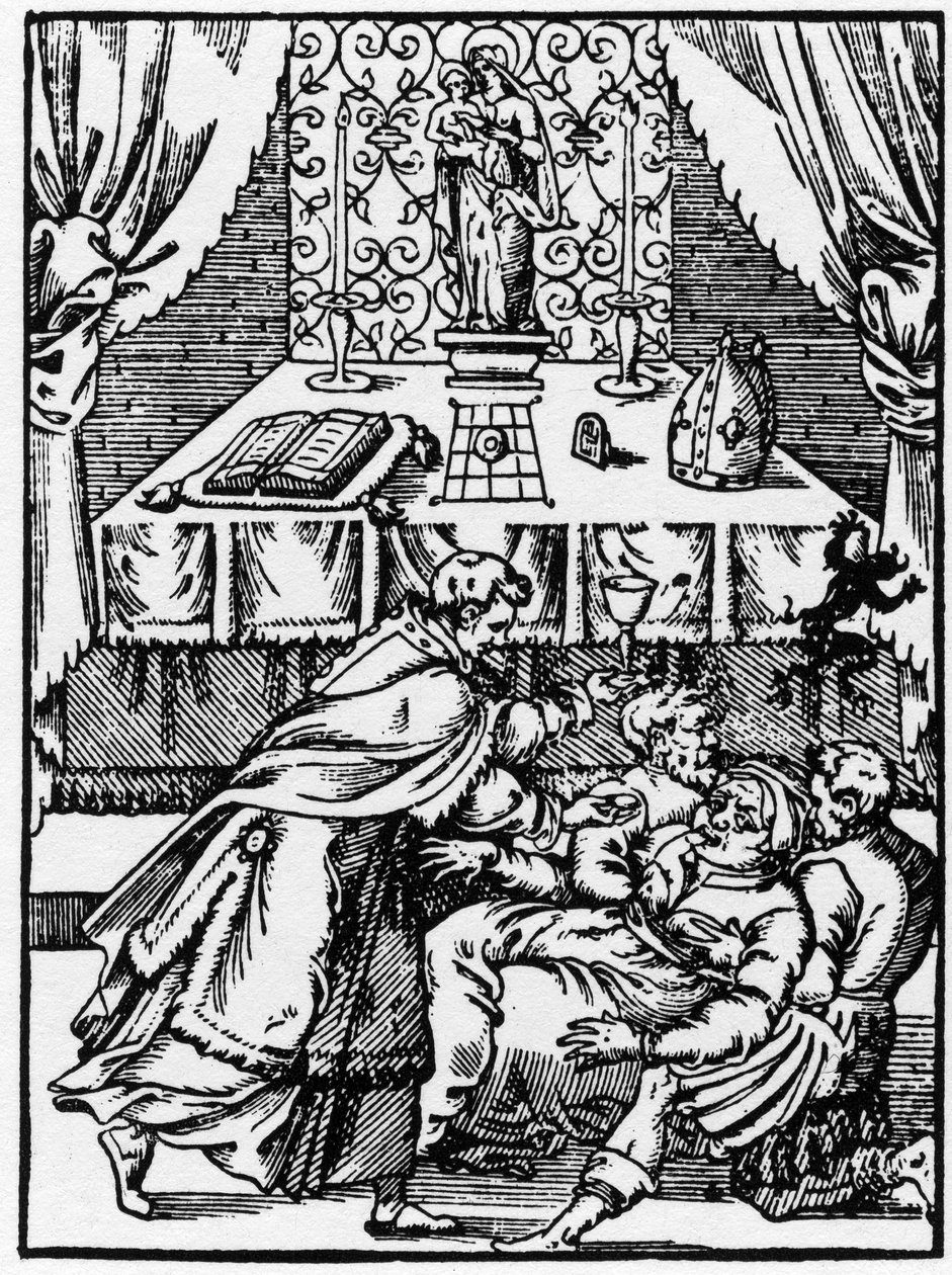 Exorzismus: ein Dämon verlässt den Körper einer besessenen Hexe, während ein Priester ihr die Kommunion anbietet - Gravur aus „Prodigious Stories“ von Pierre Boaistuau von Unknown artist