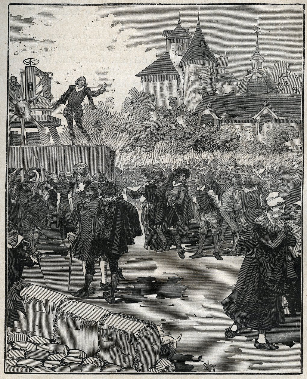 Erfahrung des mechanischen Prägens durch Nicolas Briot (Graveur du Royaume de France) (1579-1646) im Jahr 1616. Gravur von 1885 in „Les arts et metiers illustres“ von Adolphe BITARD von Unknown artist