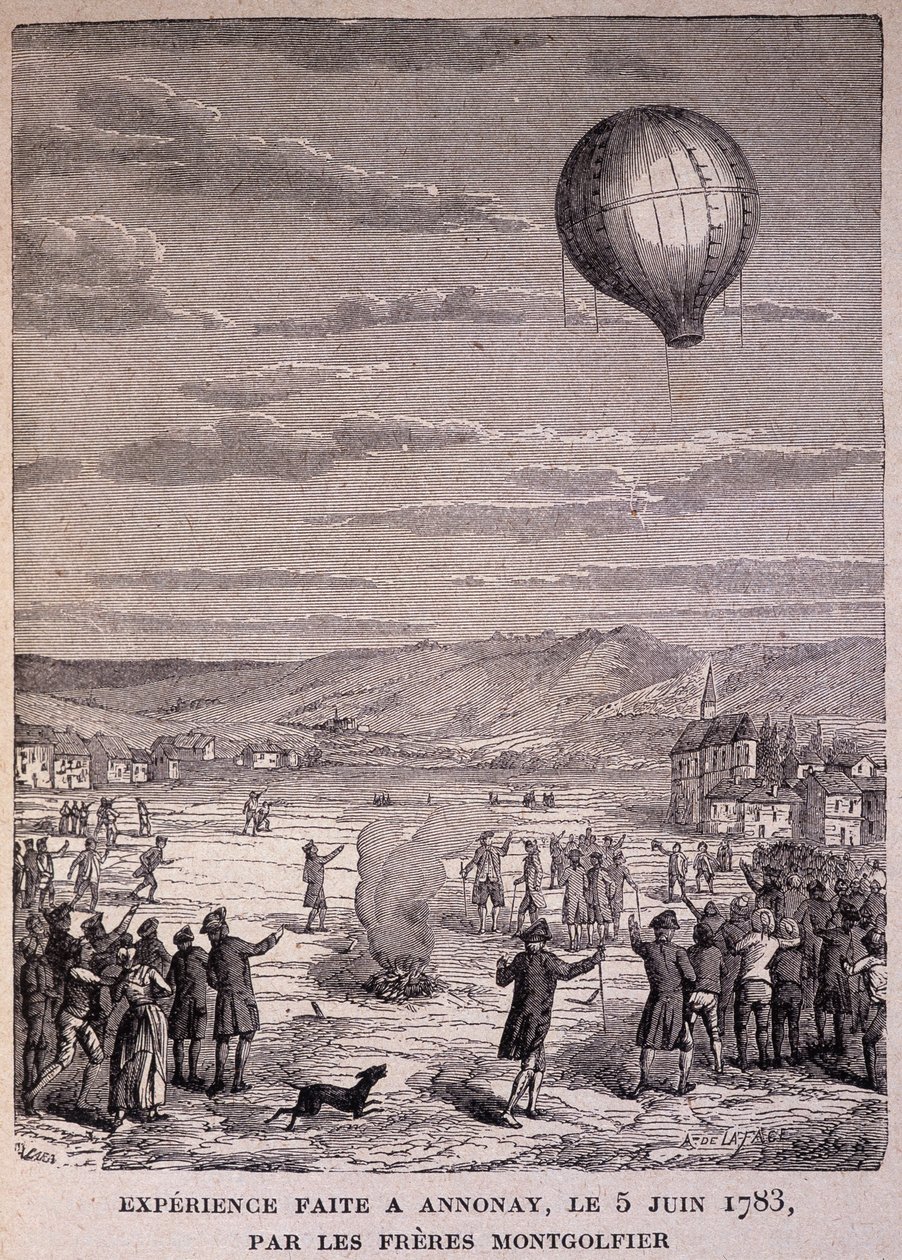 Experiment der Gebrüder Montgolfier in Annonay am 5. Juni 1783 - in „Les Contemporains“, n.d. Ende 19. Jahrhundert von Unknown artist