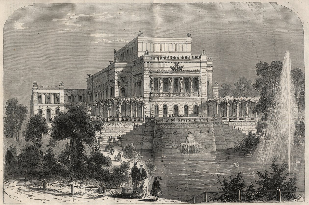 Außenansicht des neuen Theaters in Leipzig, Deutschland. Gravur in „L