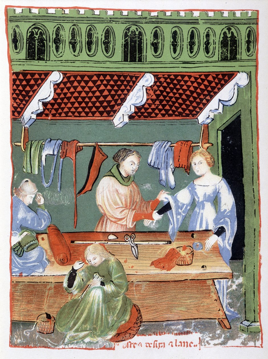 Stoffhändler (Schneider?) und Näherin im Mittelalter von Unknown artist