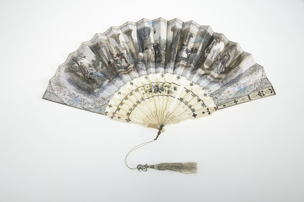 Fächer, ca. 1850, Bemaltes Papier, Knochen, Silber und Seiden-Metallfaden-Quaste, Hersteller unbekannt von Unknown artist