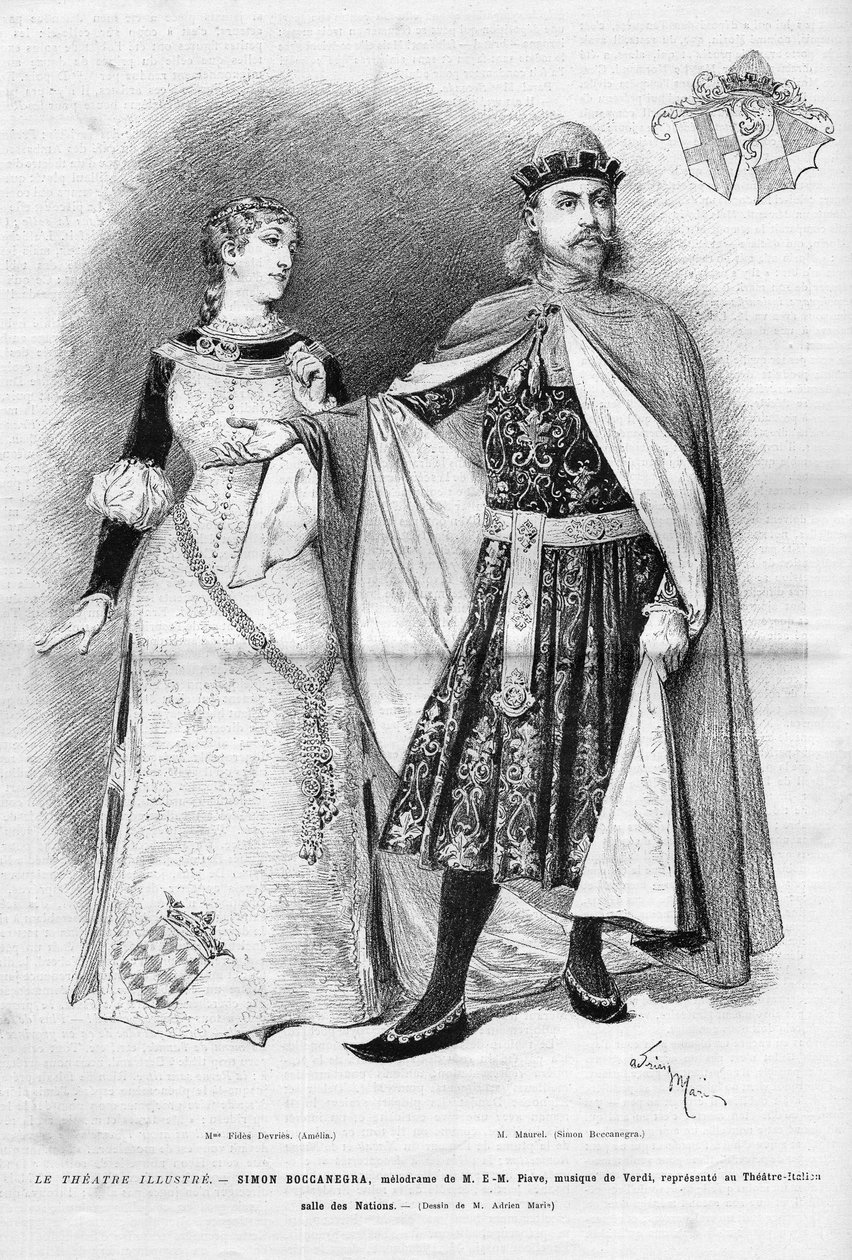 Fides Devries in der Rolle der Amelia und Victor Maurel (1848-1923) in der Rolle des Simon Boccanegra in der gleichnamigen Oper in drei Akten von Giuseppe Verdi, Libretto von Francesco Maria Piave nach einem Stück von Antonio Garcia Gutierrez von Unknown artist