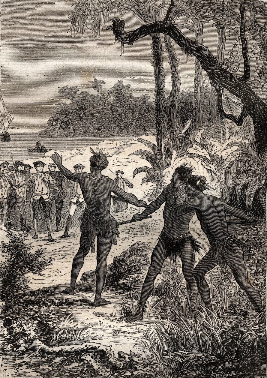 Erste Reise (1768-1771) von Kapitän James Cook (1728-1779): während Cook und zehn Matrosen an der Südküste von Neuguinea segeln, tauchen drei Indianer mit großem Geschrei aus dem Wald auf - Illustration aus „Die großen Seefahrer des 18. Jahrhunderts“ von Unknown artist