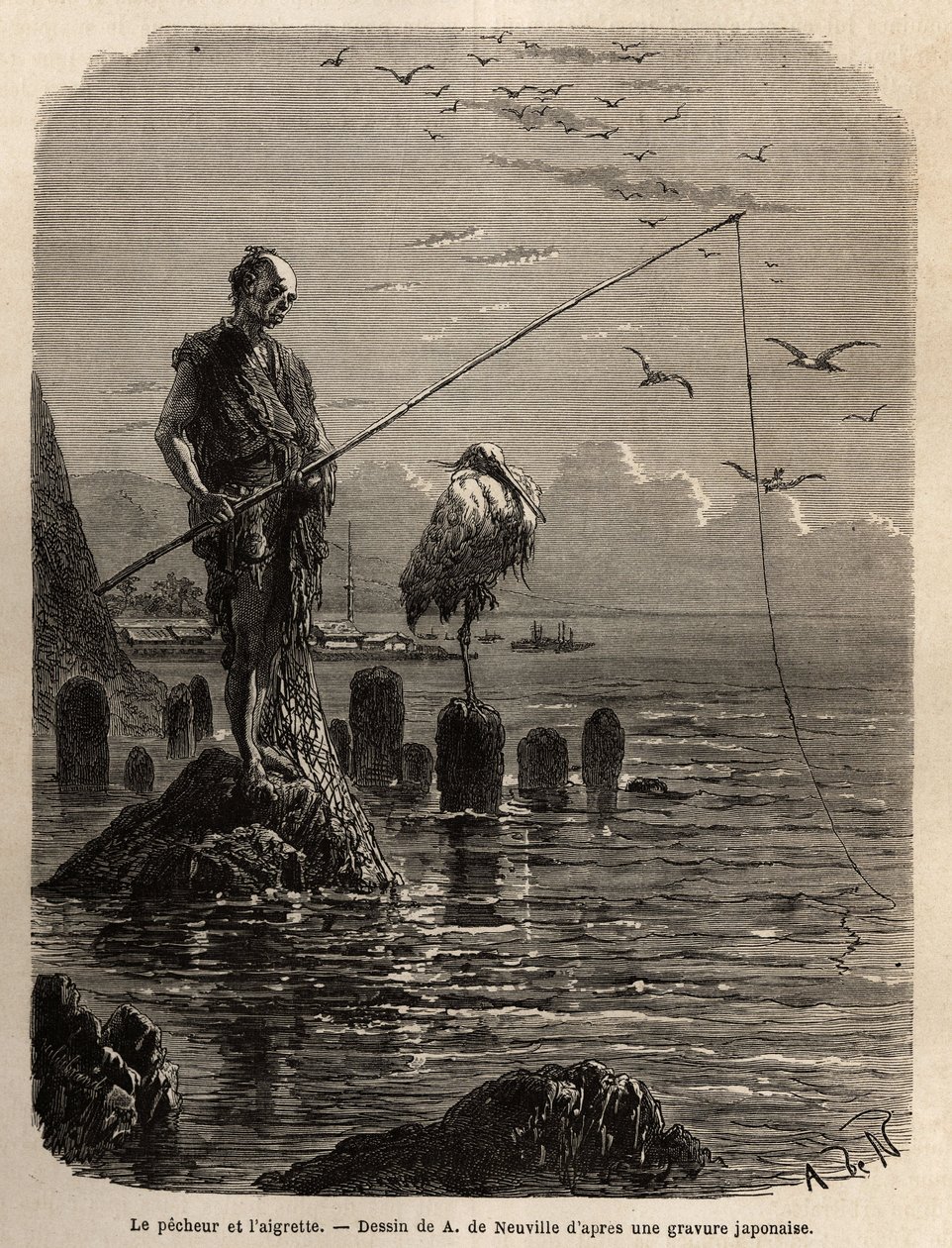 Fischer der Yedo-Bucht (oder Edo, dem heutigen Tokio), von einem Adler ergriffen, bei Ebbe, die Boote legen die Fischer auf trockene Steine in der Bucht, diese bleiben aufrecht, bewegungslos und fischen mit dem Haken die Fische, die sie in eine lange von Unknown artist