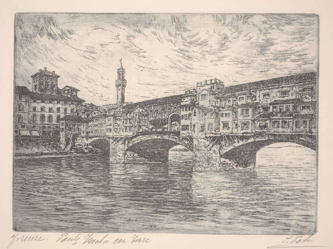 Florenz, Ponte Vecchio mit Turm, wahrscheinlich spätes 19. Jahrhundert (Radierung) von Unknown artist