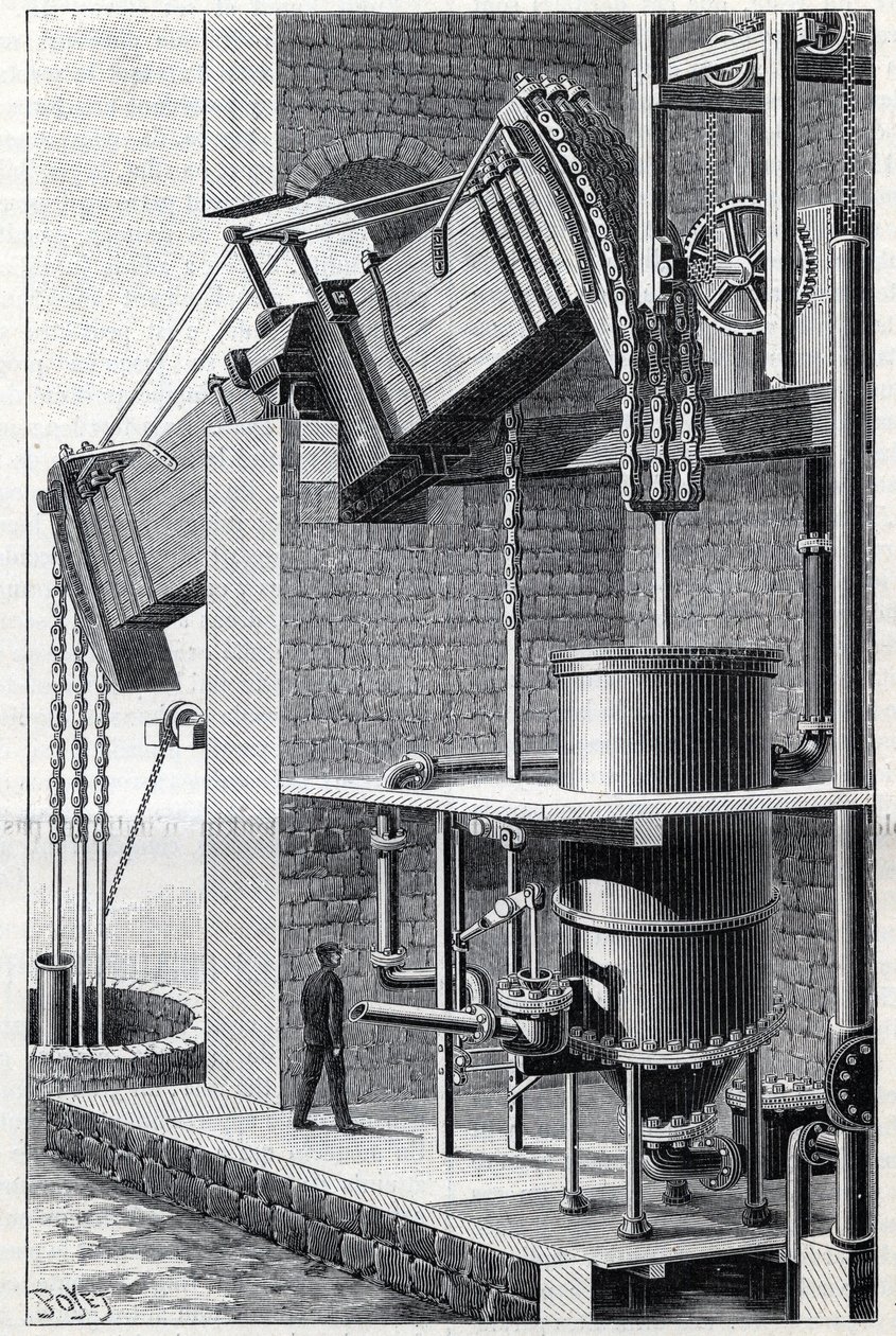 Ehemalige Dampfmaschine von Thomas Newcomen, derzeit in der Nähe von Bristol in England in Betrieb. Gravur in „La Nature“ von Unknown artist