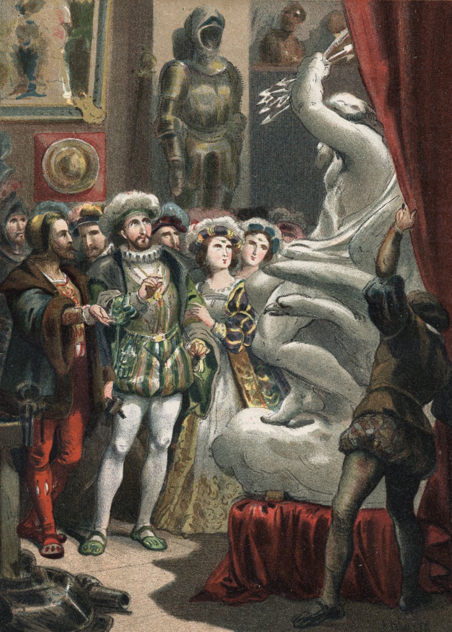 Franz I. (1494-1547), König von Frankreich, beim italienischen Bildhauer Benvenuto Cellini (1500-1571). Gravur von 1881 in „El Culto de la Hermosura“ von Juan Justo Huguet, Molinas Hermanos editores von Unknown artist