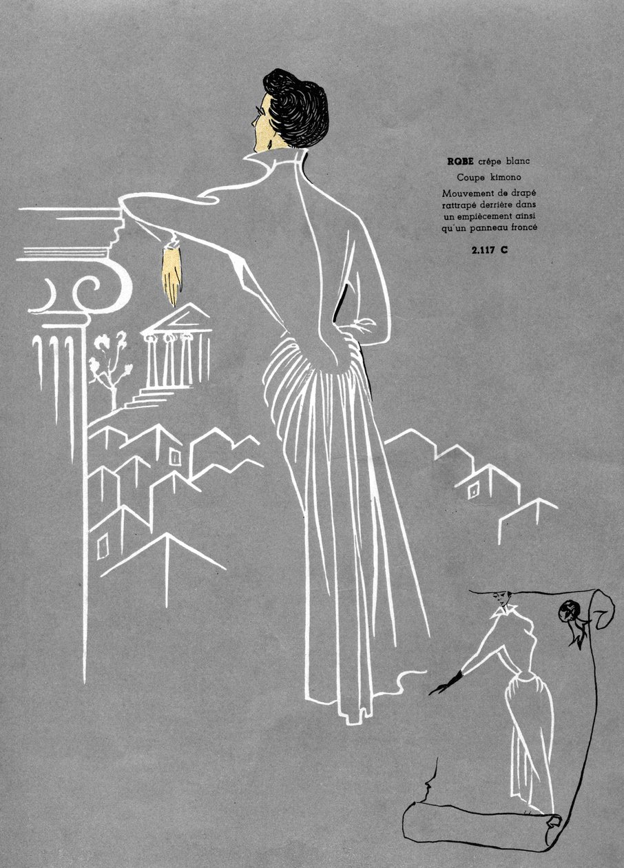 Französische Mode, weißes Kreppkleid-Design von Unknown artist