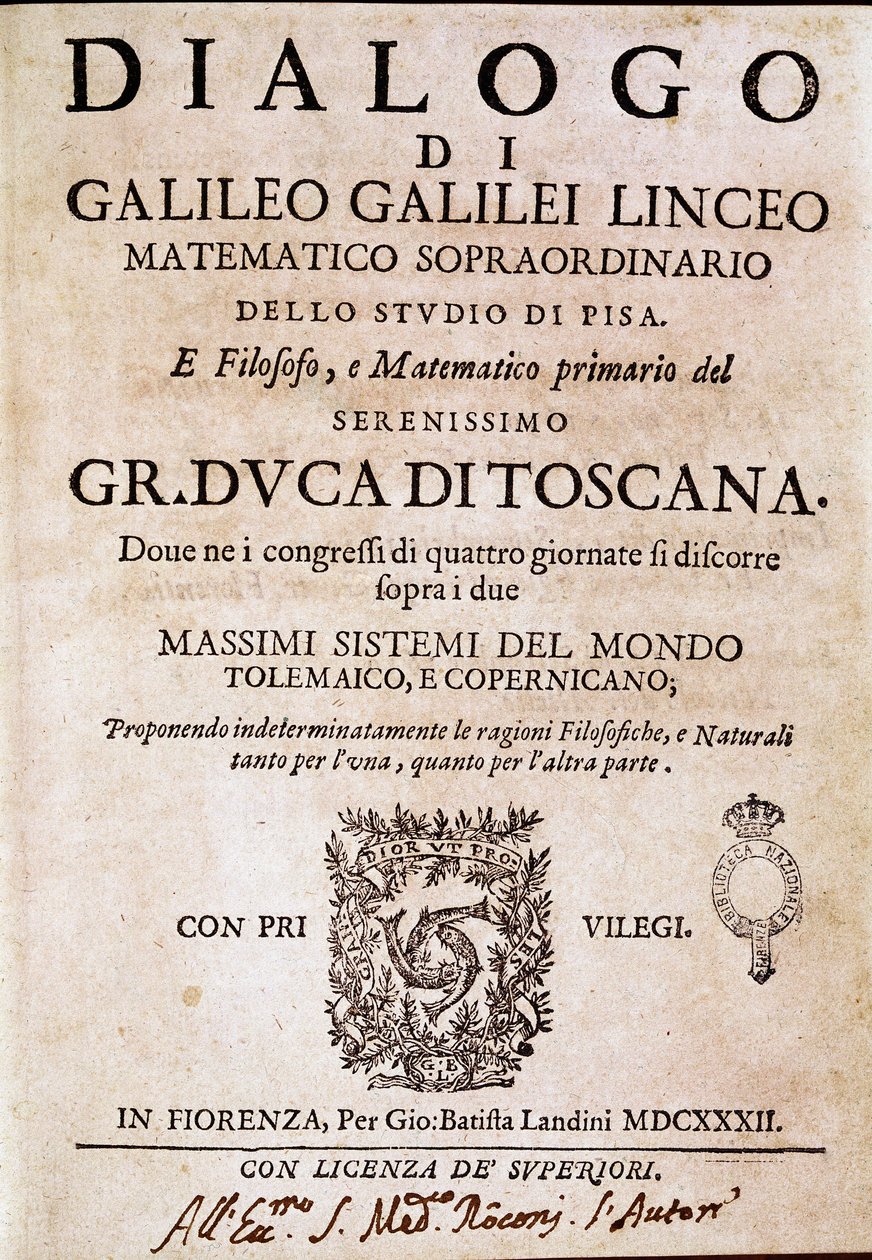 Frontispiz von „Dialog über die zwei großen Weltsysteme“ (dialogo sopra i due massimi sistemi del mondo) in Auftrag gegeben von Papst Urban VIII. an den Astronomen und Physiker Galileo Galilei um 1620 und veröffentlicht 1632 von Unknown artist