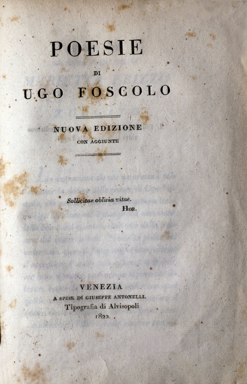 Frontispiz von „Poesie“ des italienischen Dichters und Dramatikers Ugo Foscolo (1778-1827) 1822 von Unknown artist