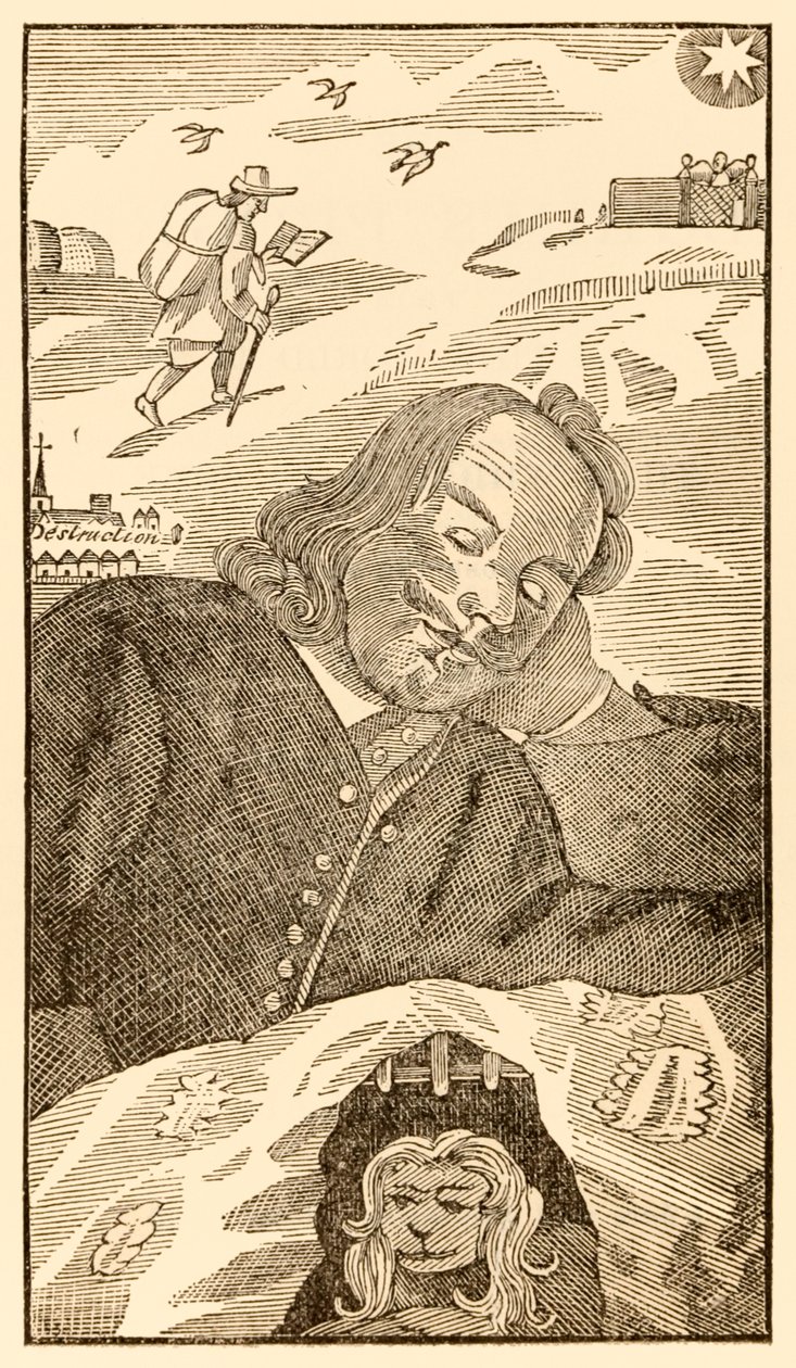 Frontispiz aus The Pilgrims Progress From This World, To That Which Is To Come von John Bunyan (1628-1688), zeigt den Autor, der von dem Pilger Christian träumt, der mit dem Wissen um seine Sünde belastet ist von Unknown