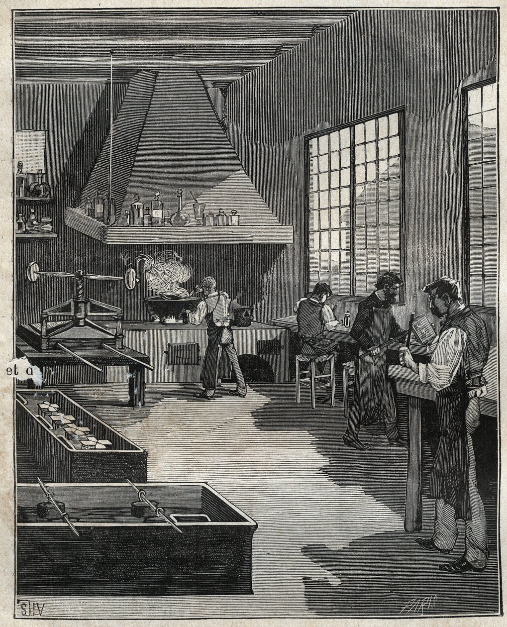 Galvanische Goldschmiedekunst: Vorbereitung der Formen. Gravur von 1885 in „Les arts et métiers illustrés“ von Adolphe Bitard. von Unknown artist