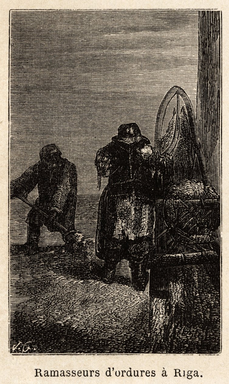 Müllsammler in Riga. Zeichnung von Henriet, zur Illustration seiner Reise in die russischen Ostseeprovinzen in den Jahren 1851-54. Gravur in „Le tour du monde“, herausgegeben von Edouard Charton von Unknown artist
