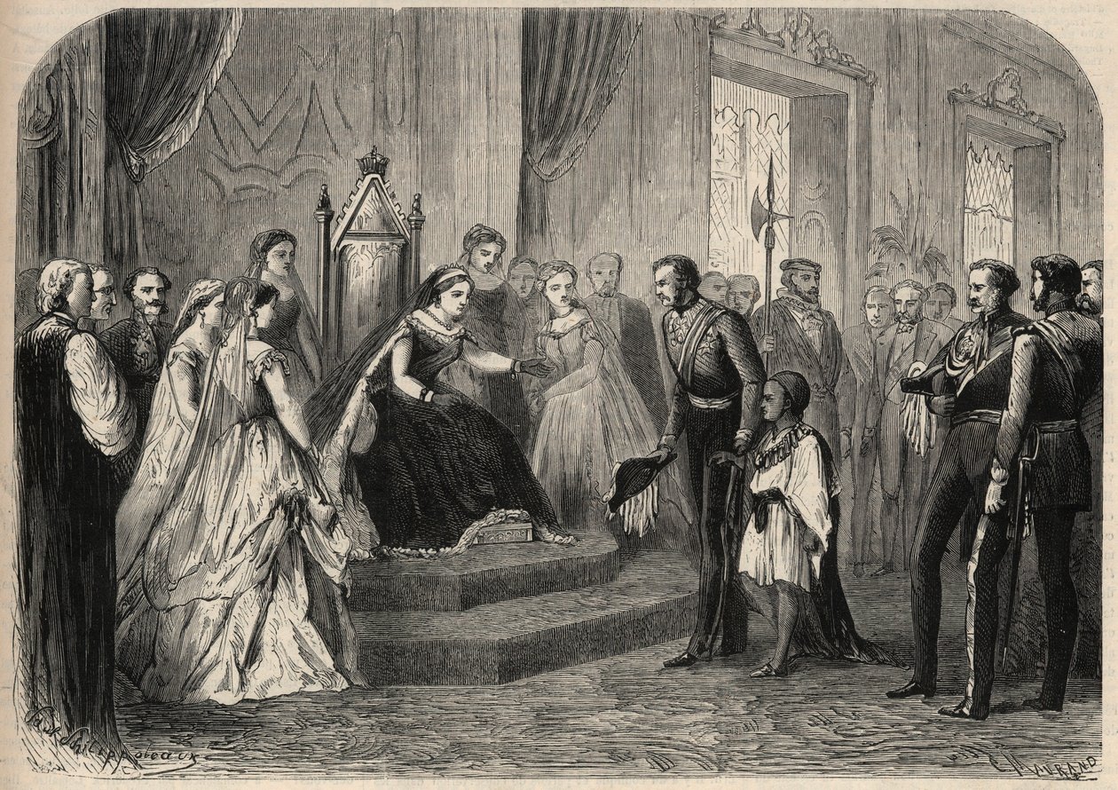 General Robert Cornelis Napier (1810-1890) stellte Leul Alemayehou Tewodros (1861-1879), den Sohn des äthiopischen Negus Theodoros II., Königin Victoria I. vor. Gravur in „L