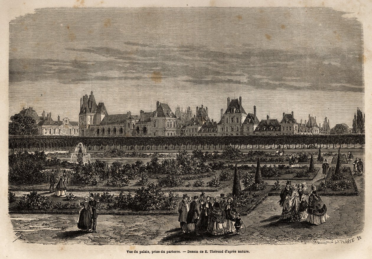 Gesamtansicht des Palastes und der Gärten von Fontainebleau, vom Boden aus gesehen. Illustration einer Beschreibung des Schlosses und Waldes von Fontainebleau, 1867, von M. Pays, in "Le tour du monde, nouveau journal des voyages" von Unknown artist