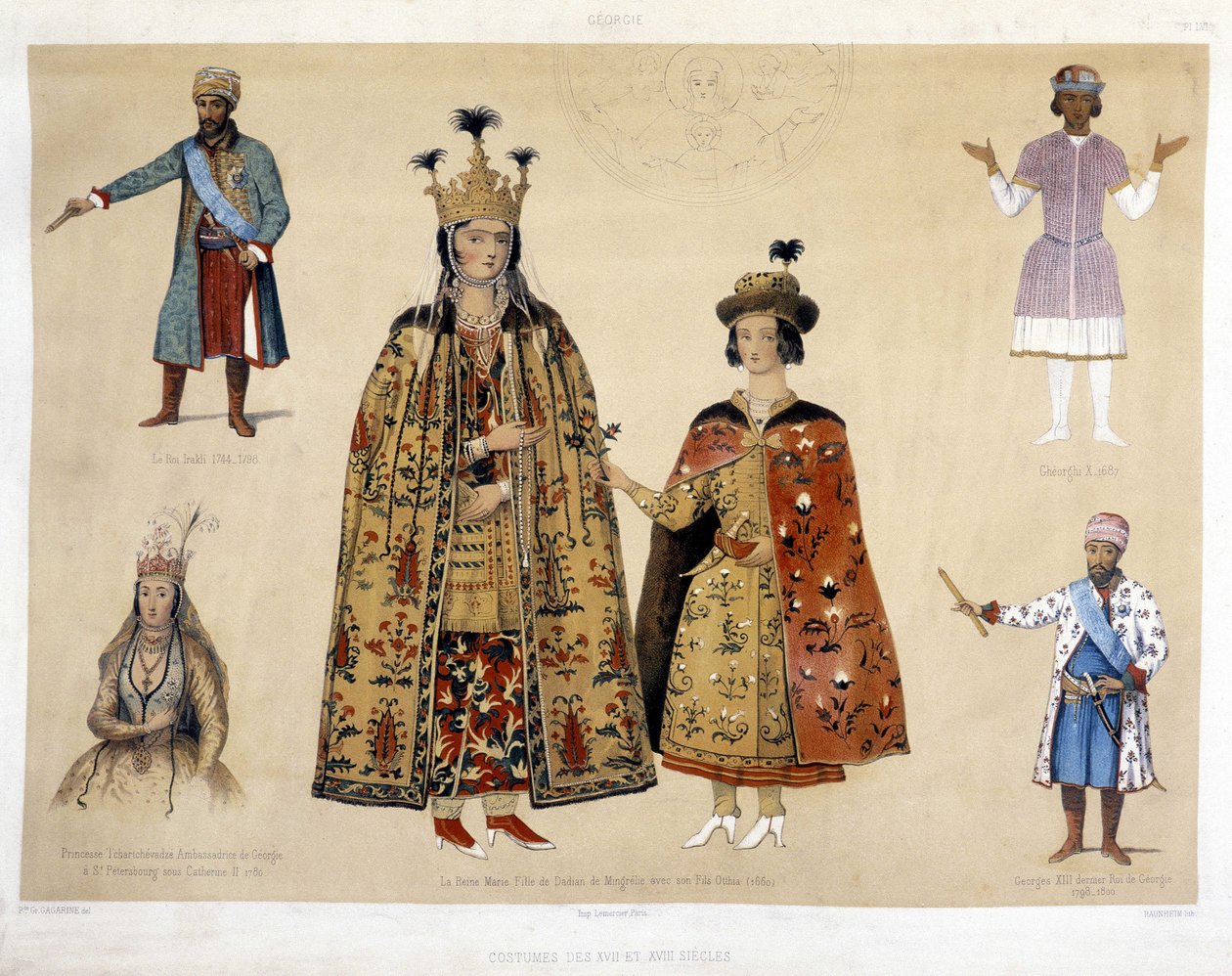 Georgische Kostümtafel im 16. und 17. Jahrhundert: König Irakli (1744 - 1798), Gheorghi X (1687), Prinzessin Chartchevadze (Botschafterin Georgiens in St. Petersburg unter Katharina II. 1780), Königin Mary (Tochter von Dadian von Mingrelie mit ihrem Sohn O von Unknown artist