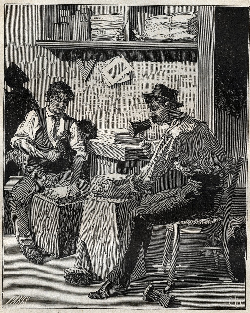 Goldschläger. Gravur von 1885 in „Les arts et métiers illustrés“ von Adolphe Bitard. von Unknown artist