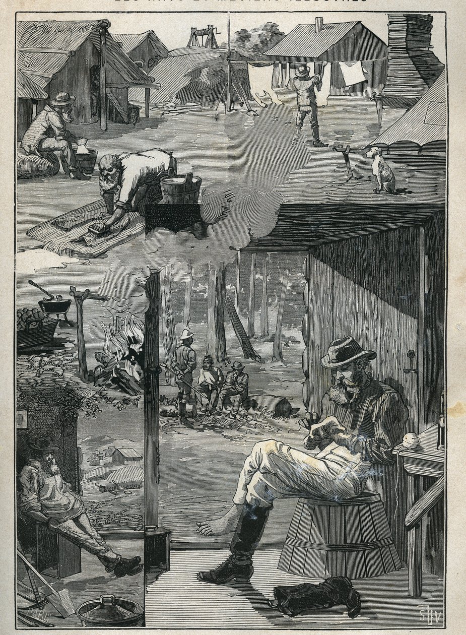Goldsucher in Australien: Alltagsszenen der Bergleute während ihrer Ruhetage (Reinigung und Trocknung von Wäsche, Socken usw.). Gravur von 1885 in „Les arts et métiers illustrés“ von Adolphe Bitard. von Unknown artist