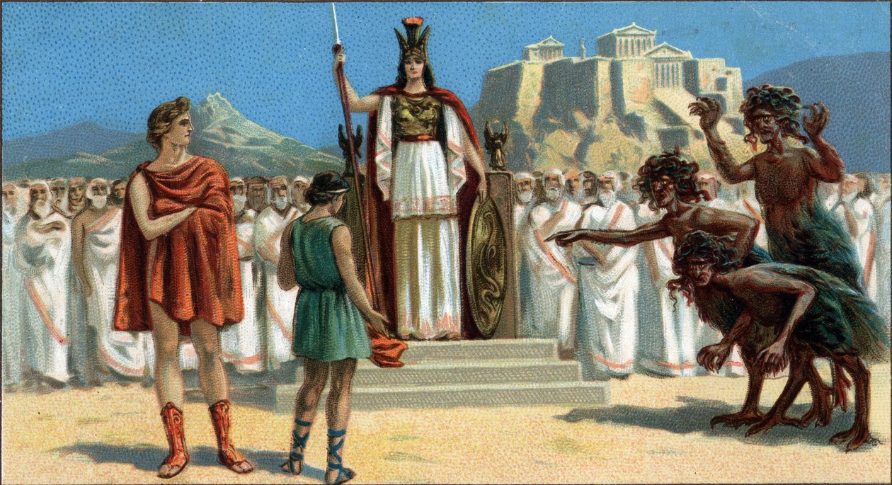 Große griechische Tragödien: „Die Orestie“ von Aischylos. Orestes erschien vor dem Areopag oder Obersten Gerichtshof von Athen, geleitet von der Göttin Pallas Athene oder Minerva, unterstützt von Apollo. Rechts sind die Eumeniden (die drei Furien). von Unknown artist