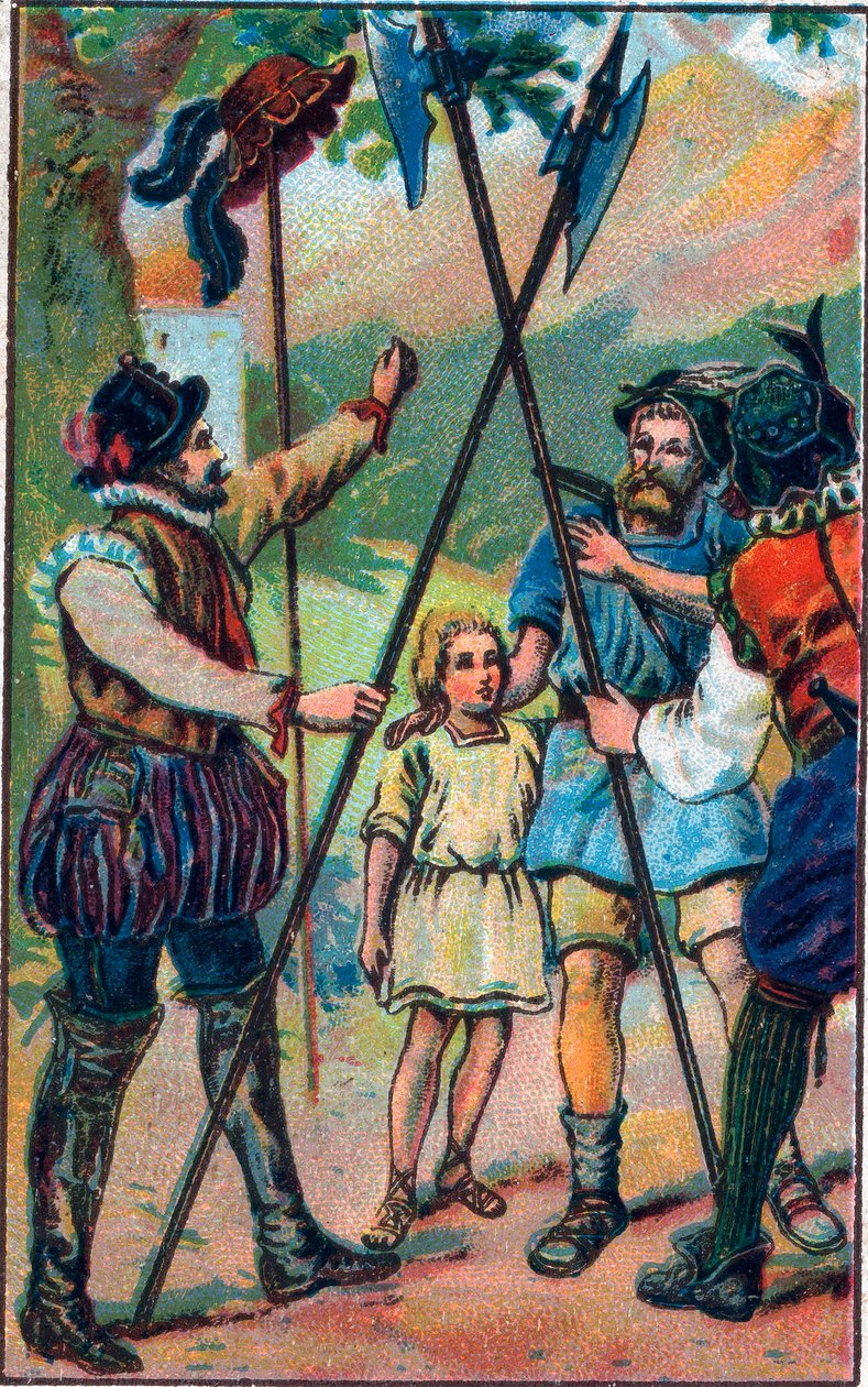 Wilhelm Tell (legendärer Held der Schweizer Unabhängigkeit) weigerte sich, vor dem Hut zu salutieren. Chromolithographie aus dem späten 19. Jahrhundert. von Unknown artist