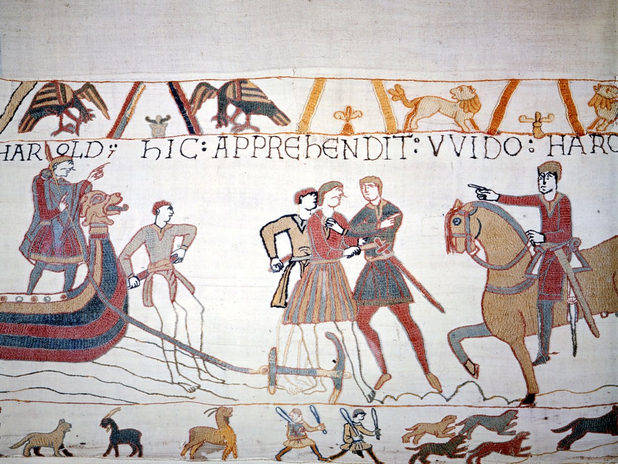 Harold II. (1022 - 1066) landete in der Normandie, wo er von Wilhelm I. dem Eroberer (1027 - 1087) gefangen genommen wurde. Teppich von Bayeux, bekannt als Stickerei der Königin Mathilde von Unknown artist
