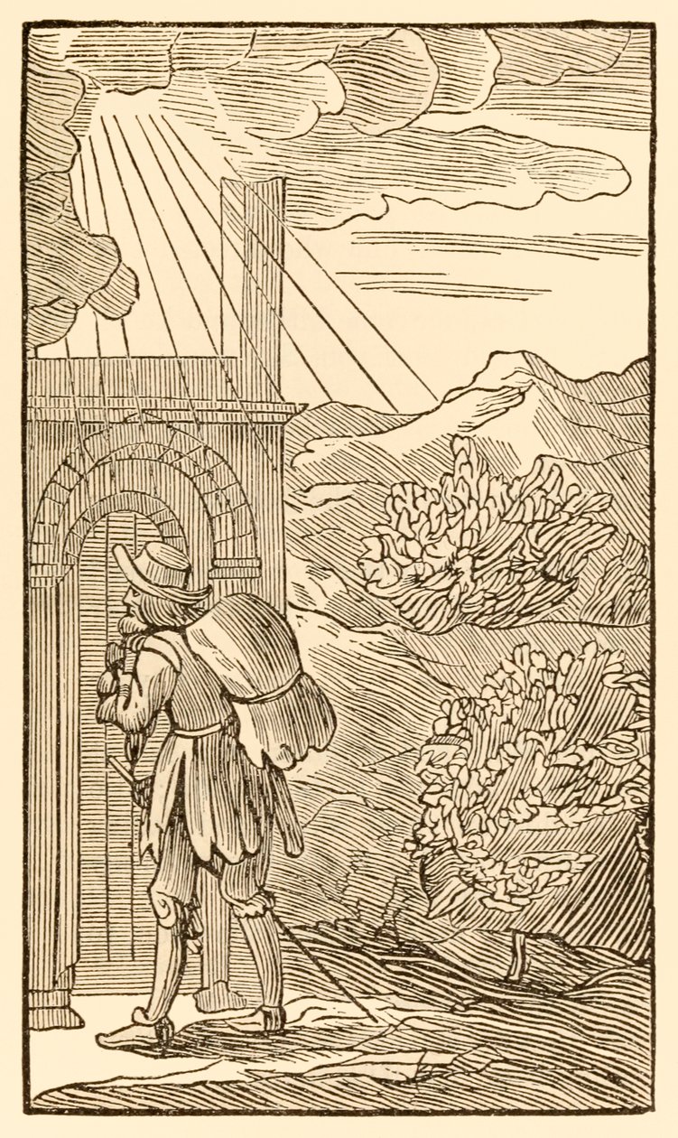 Wer eintreten will, muss zuerst draußen stehen und an die Tür klopfen... aus Der Pilgerreise von dieser Welt in die zukünftige Welt von John Bunyan von Unknown