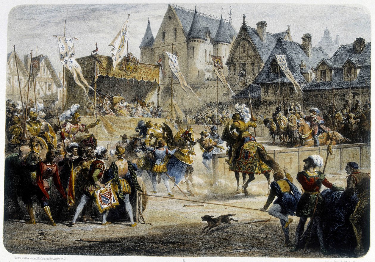 Henri II (1519 - 1559) tödlich verwundet von Montgomery während des Turniers am 29. Juni 1559, Rue St Antoine, vor dem Palais des Tournelles - Lithographie von Unknown artist