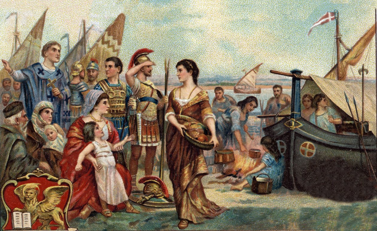 Historische Episoden berühmter Städte: Venetier, die von den Hunnen vertrieben wurden, besetzen die Lagunen (im Jahr 452). Es ist die Gründung von Venedig - Barbarische Invasionen - Chromolithographie des 19. Jahrhunderts. von Unknown artist