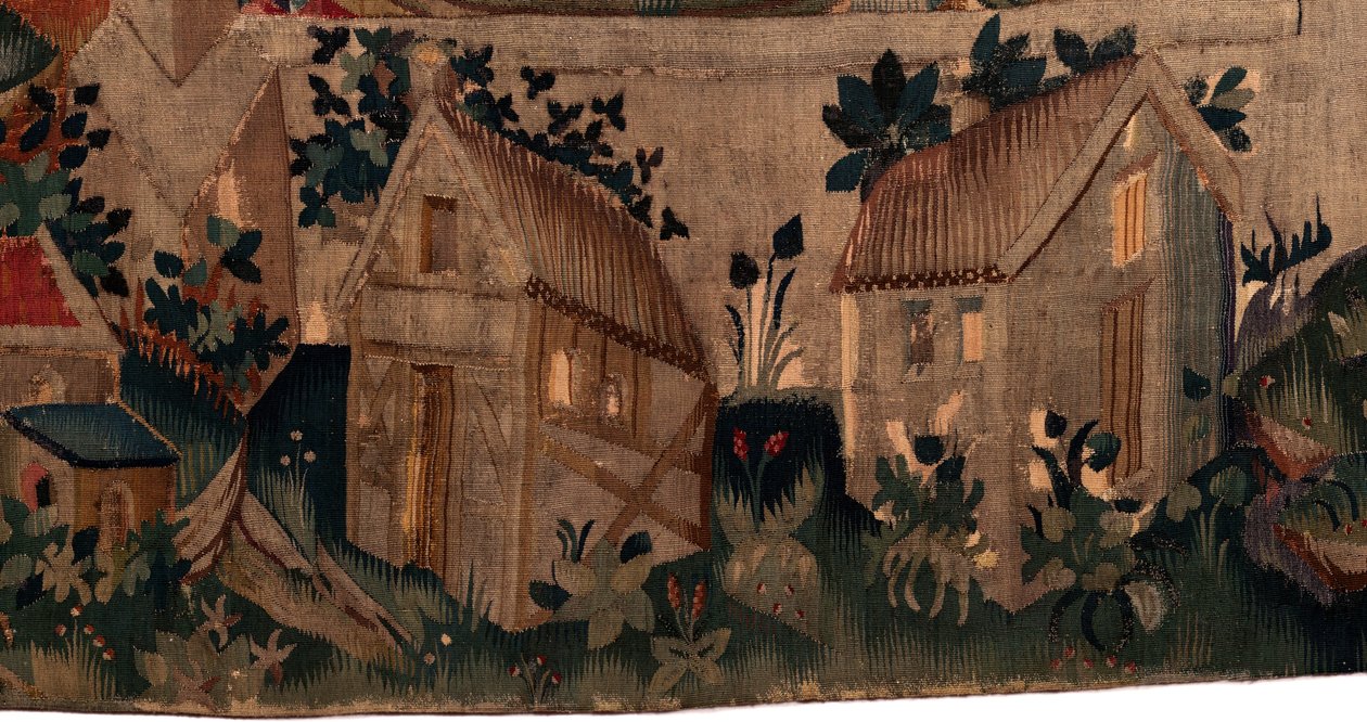 Geschichte von Saint Piat und Saint Eleuthère, Szene 7: Taufe der verbannten Christen. Detail unten. Zwei Häuser. von Unknown artist