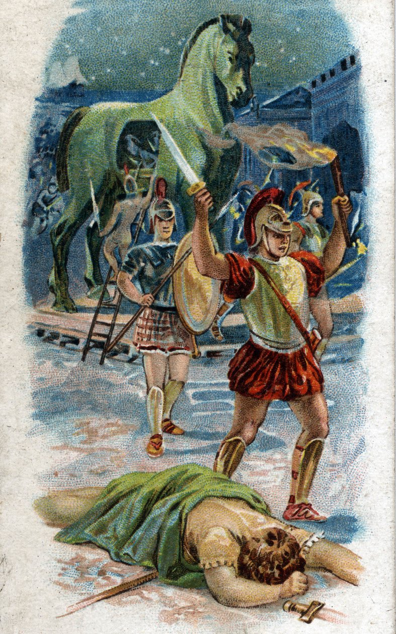 Geschichte des Lebens von Achilles, legendärer Held des Trojanischen Krieges: Die Eroberung von Troja. Achilles vor der Stadt dank des Pferdes. Chromolithografie von 1890. von Unknown artist