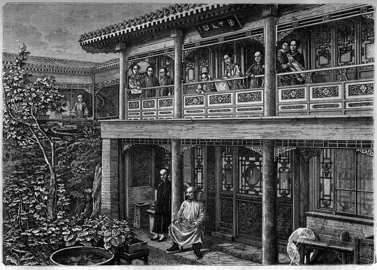Haus eines wohlhabenden chinesischen Kaufmanns; Gravur in „The Youth Journal“ von Unknown artist