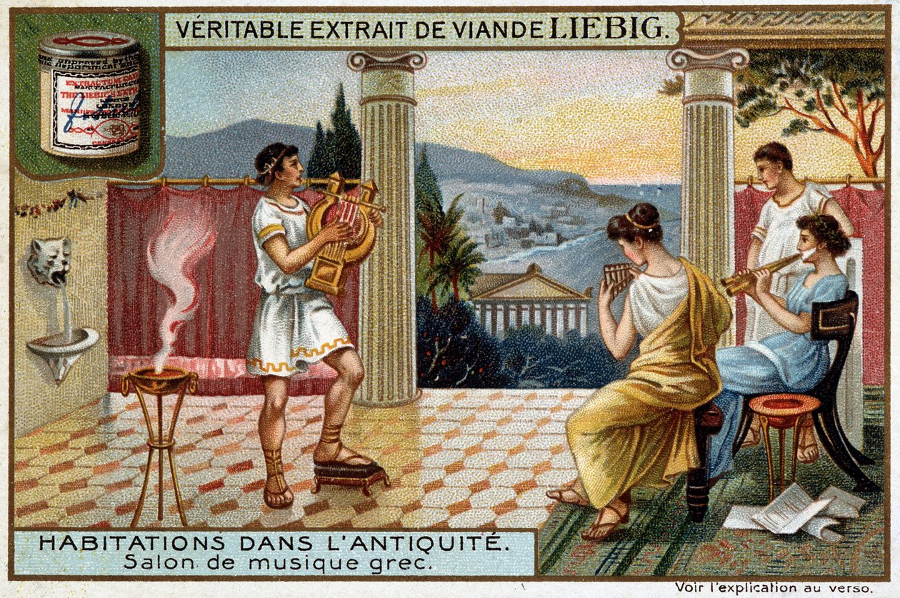 Häuser in der Antike: Griechischer Musikraum - Liebig Chromolithographie von Unknown artist