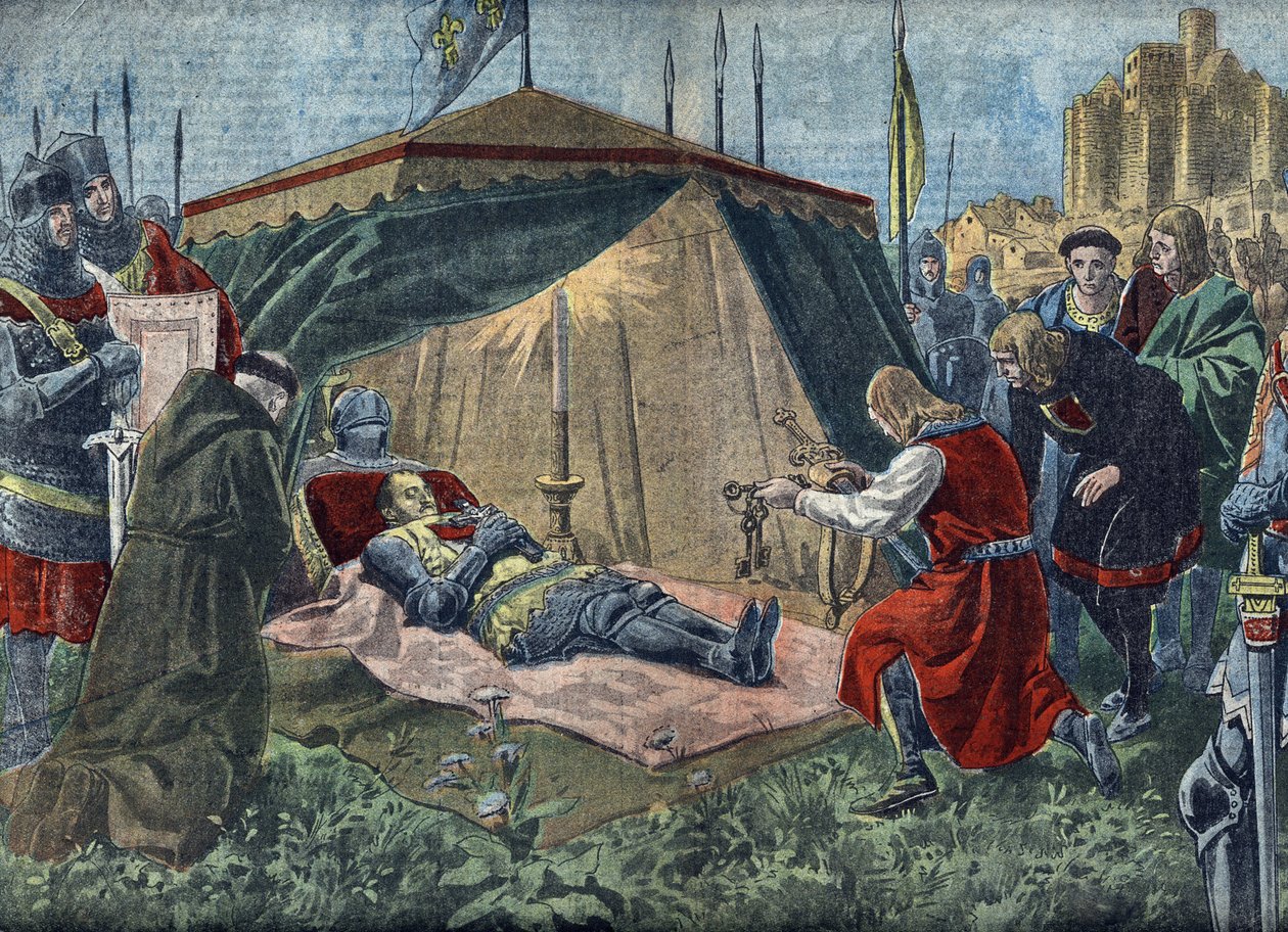 Hundertjähriger Krieg: „Der Tod von Bernard du Guesclin (1320-1380) vor Chateauneuf de Randon am 13.07.1380“ - Tod von Duguesclin (während der Belagerung von Chateauneuf-de-Randon am 13. Juli 1380) - Illustration aus „Le pelerin“ 7. August 1921 Private von Unknown Artist